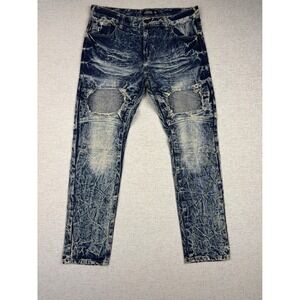 California Republic Mens 36x32 Acid Wash Moto Biker Jeans Blue Distressed Slim